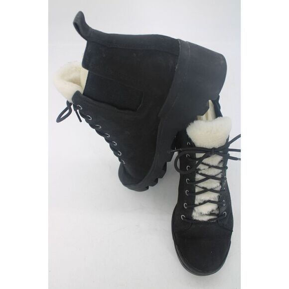 Eileen Fisher Calm Hiker Shearling Trim Bootie Black Suede Wedge Size 8 - Picture 1 of 11